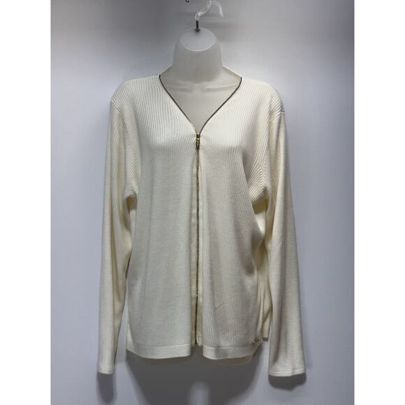 Calvin Klein Sweater Ivory Ribbed Knit V-Neck Full Zip Women’s Size XL - Picture 1 of 6